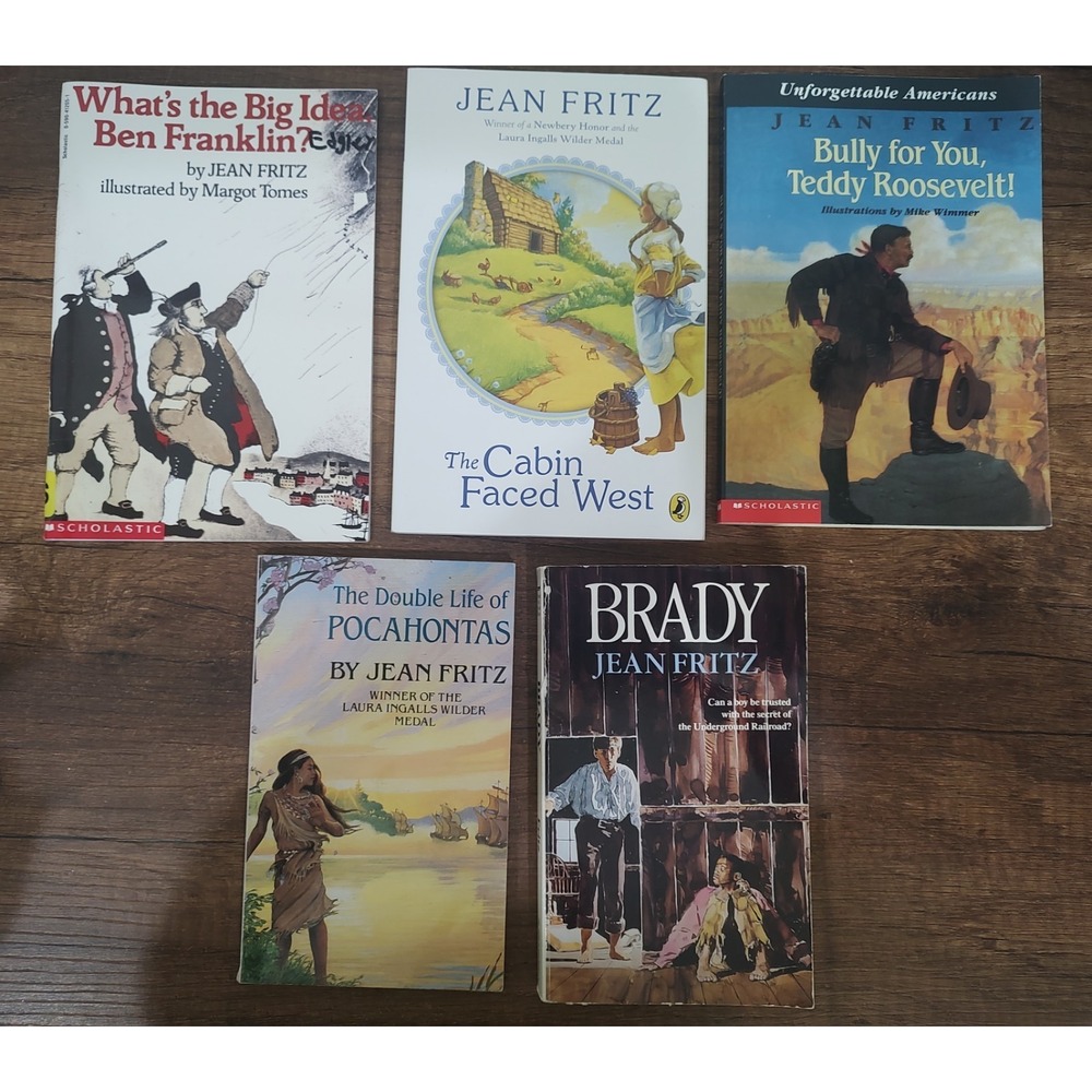 Lot 5 Jean Fritz books: Brady, Cabin Faced West, Franklin Pocahontas Roosevelt